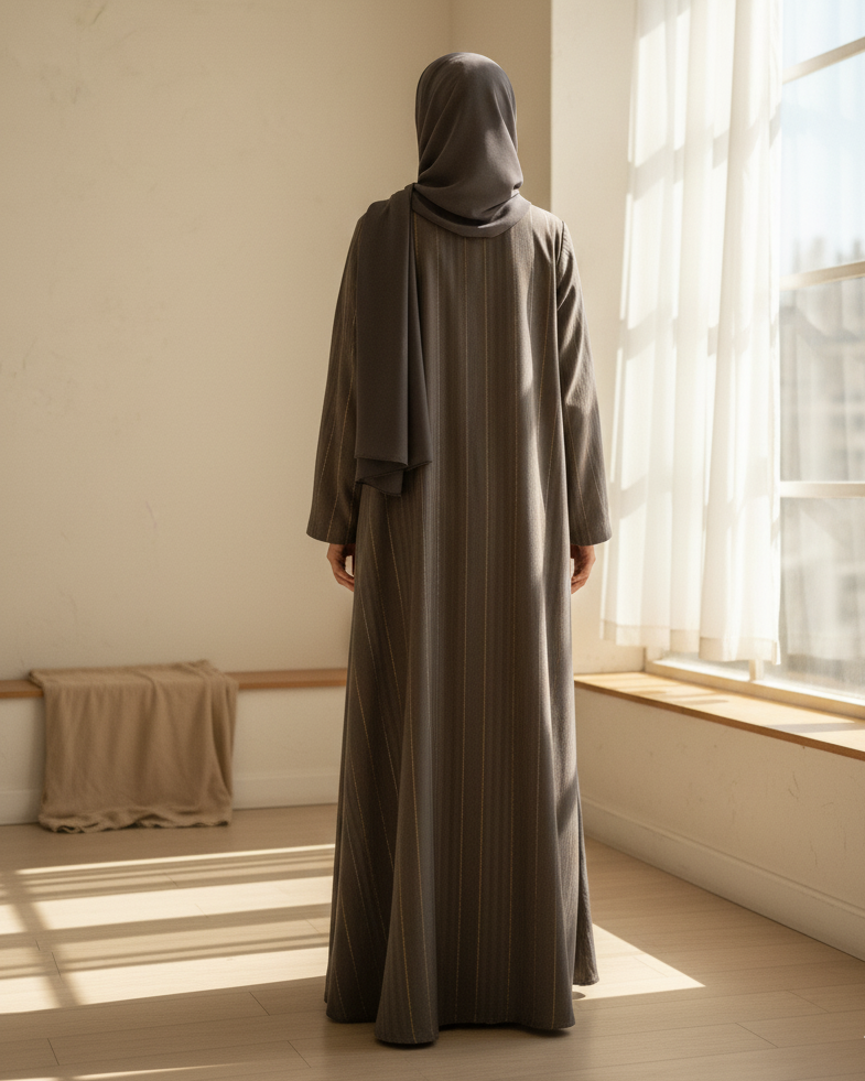Person wearing a long, dark brown dress standing in a room with large windows.