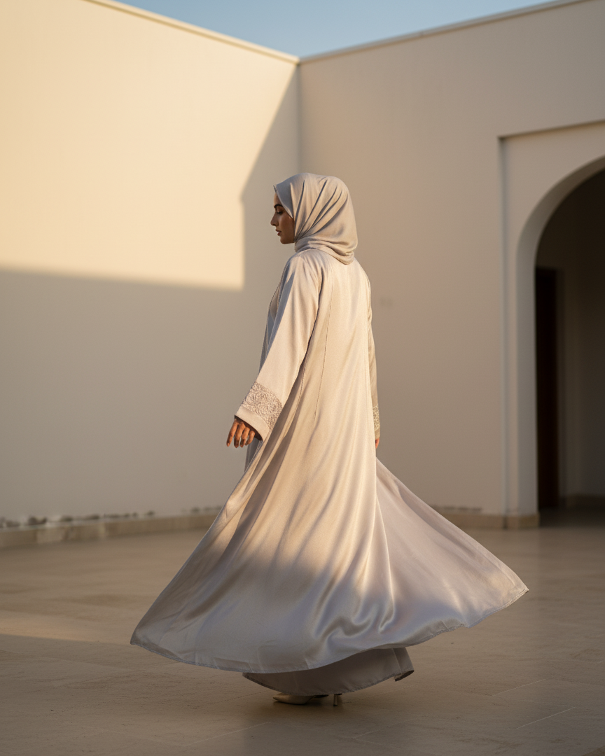Woman in a long, light-colored dress walking in a sunlit courtyard.