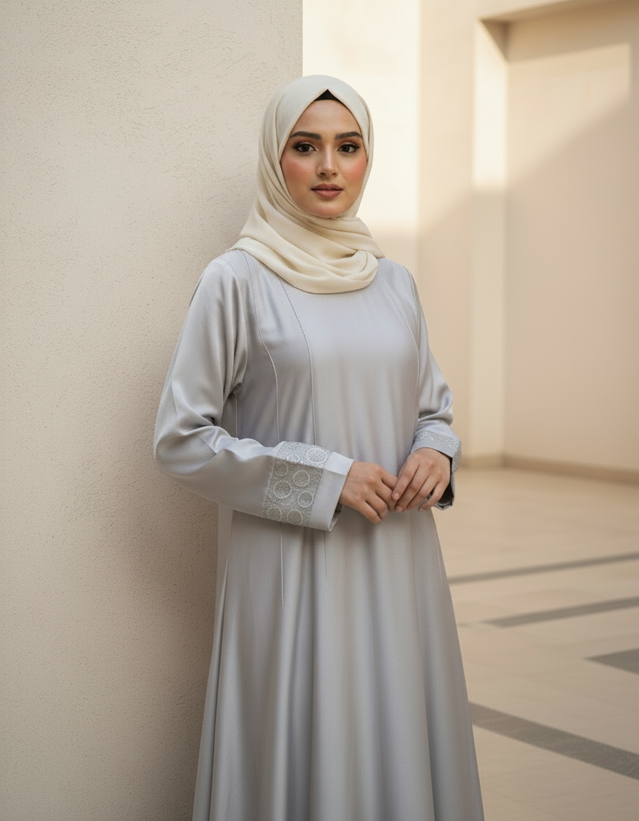 Woman wearing a light gray dress and hijab in an indoor setting