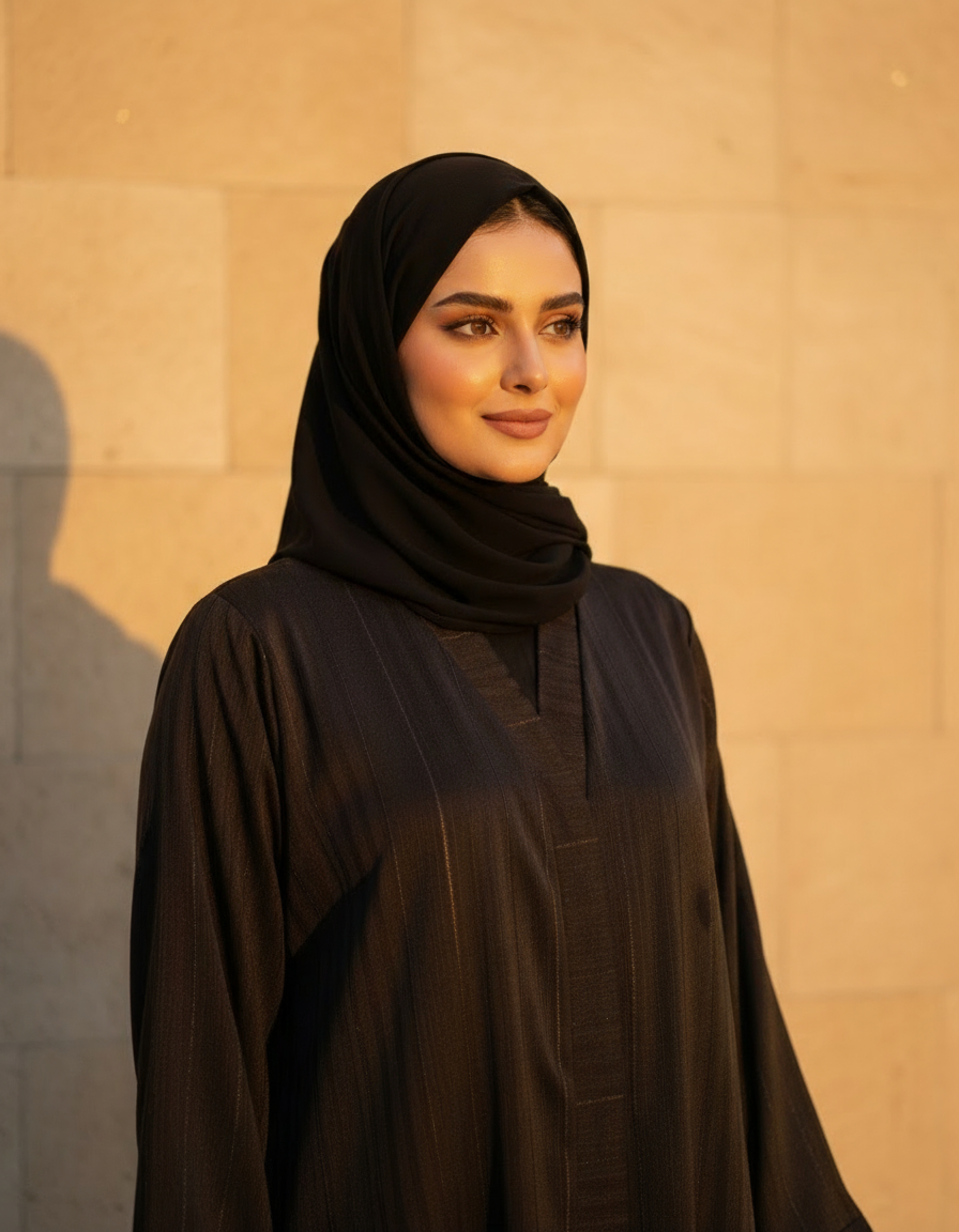 Woman wearing a black hijab and abaya against a beige wall