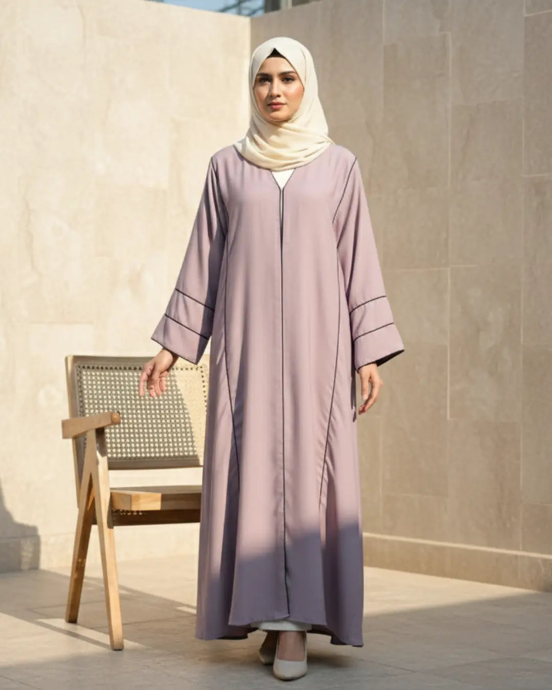 Lilac Contrast Piping Open-Front Abaya