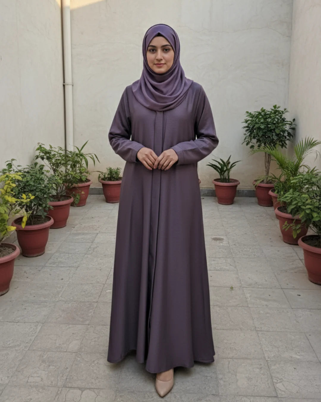 Dusky Purple V-Neck Open-Front Abaya