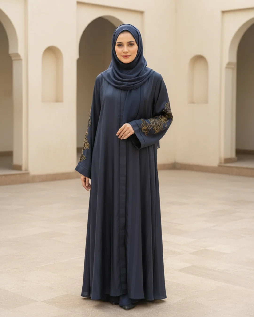 Charcoal Gray Handwork Open-Front Abaya