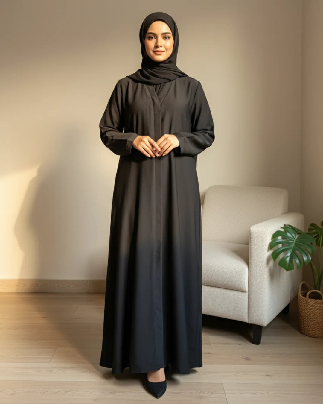 Black V-Neck Open-Front Abaya