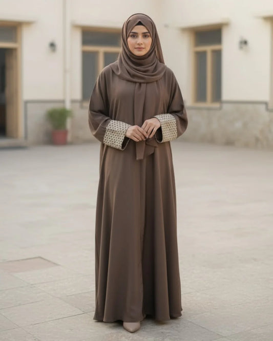Brown Abaya with Geometric Patterned Cuffs