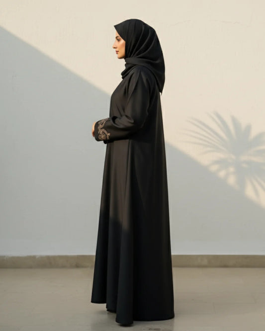 Black Abaya with Gold Embroidered Cuffs
