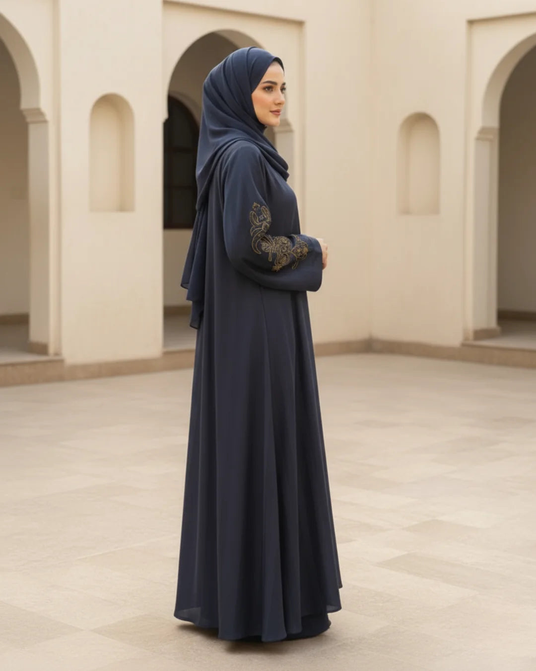 Charcoal Gray Handwork Open-Front Abaya