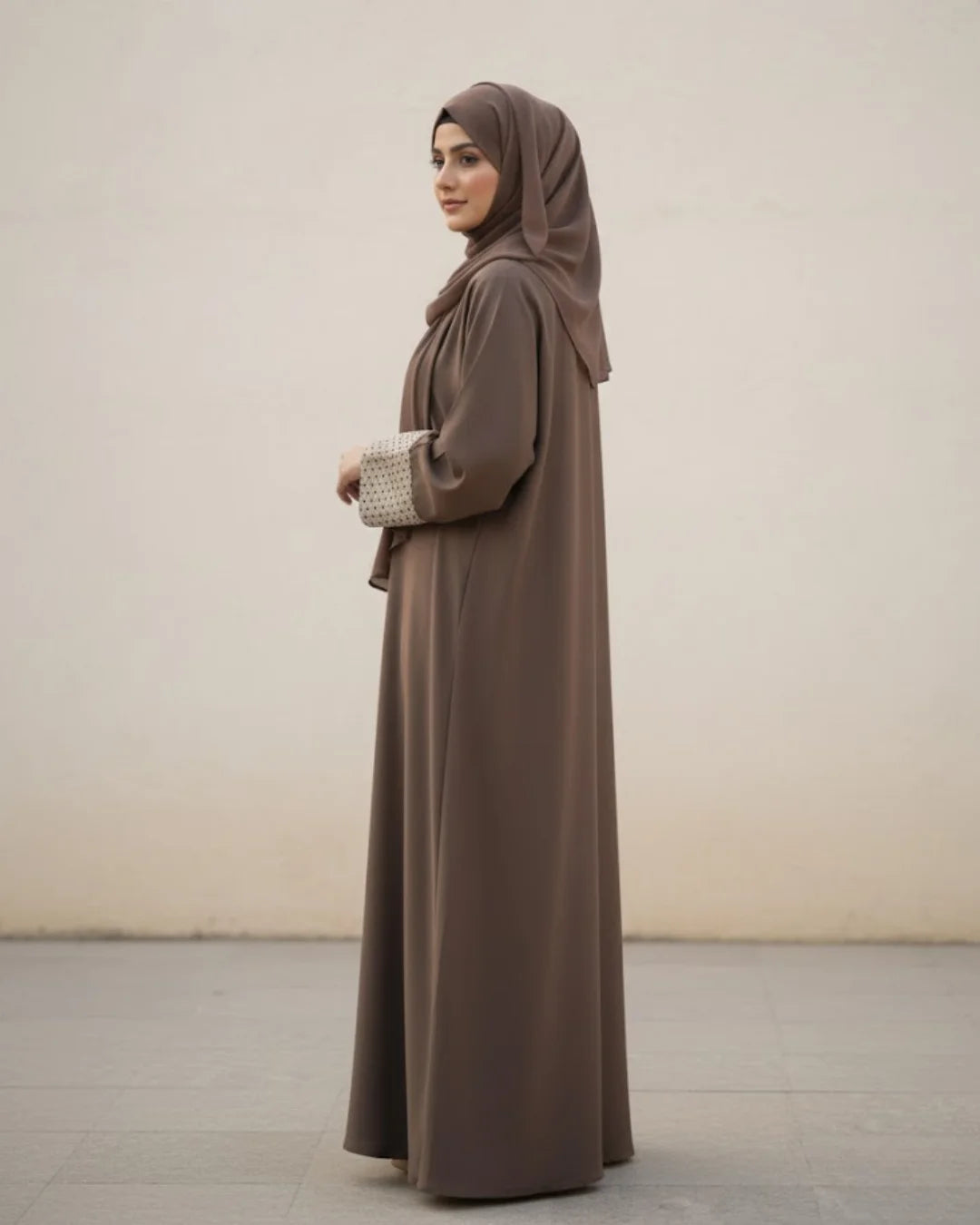 Brown Abaya with Geometric Patterned Cuffs