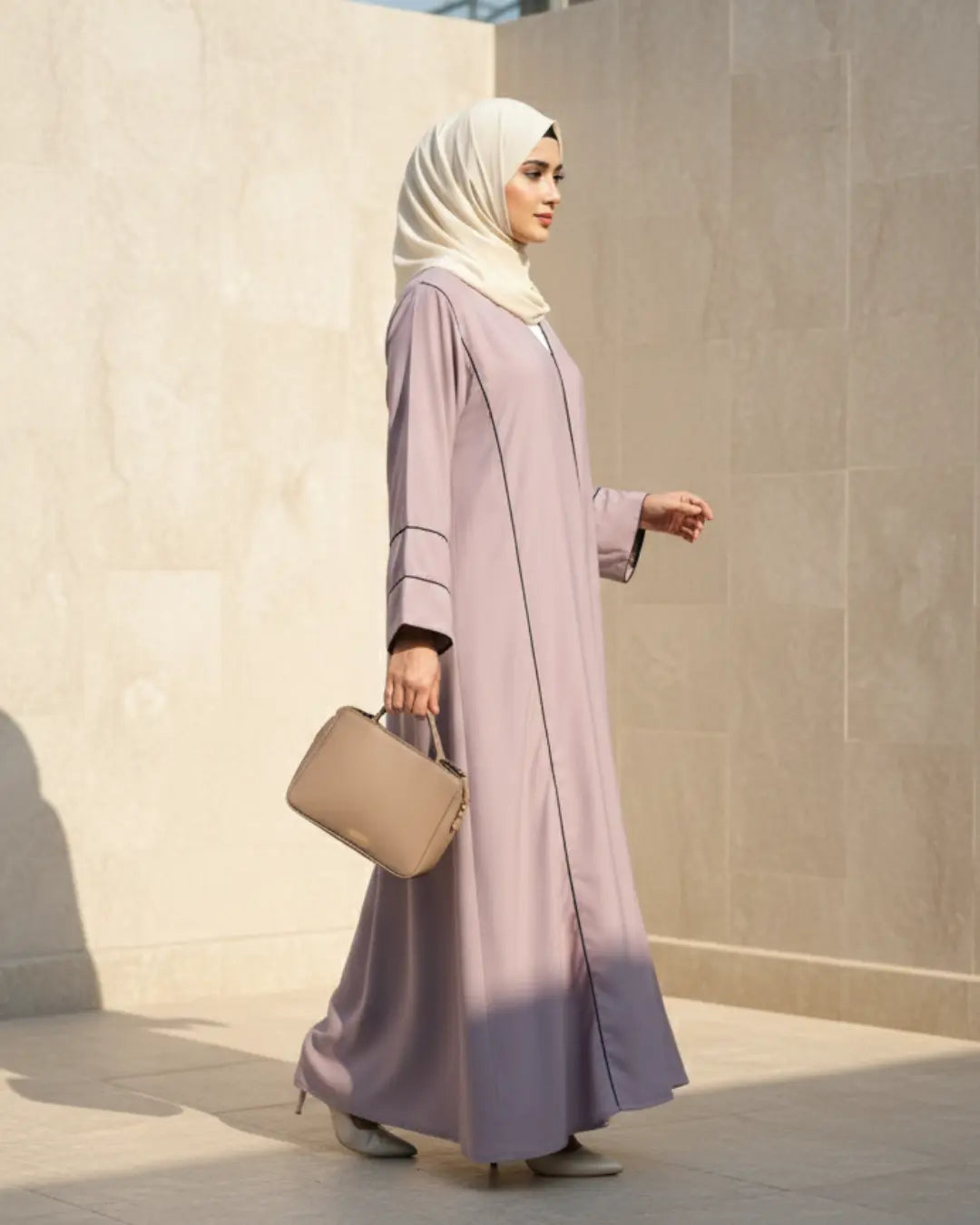 Lilac Contrast Piping Open-Front Abaya