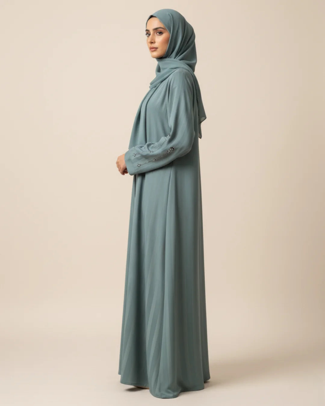Sage Green Handwork Open Abaya