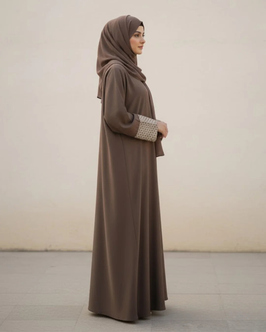 Brown Abaya with Geometric Patterned Cuffs