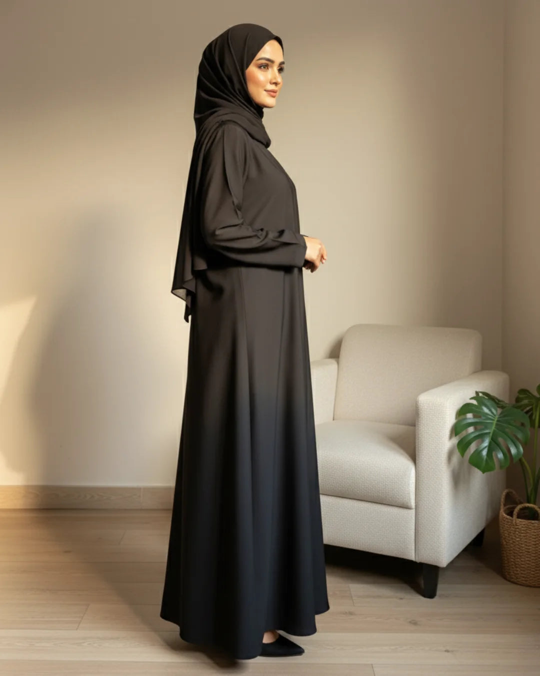 Black V-Neck Open-Front Abaya