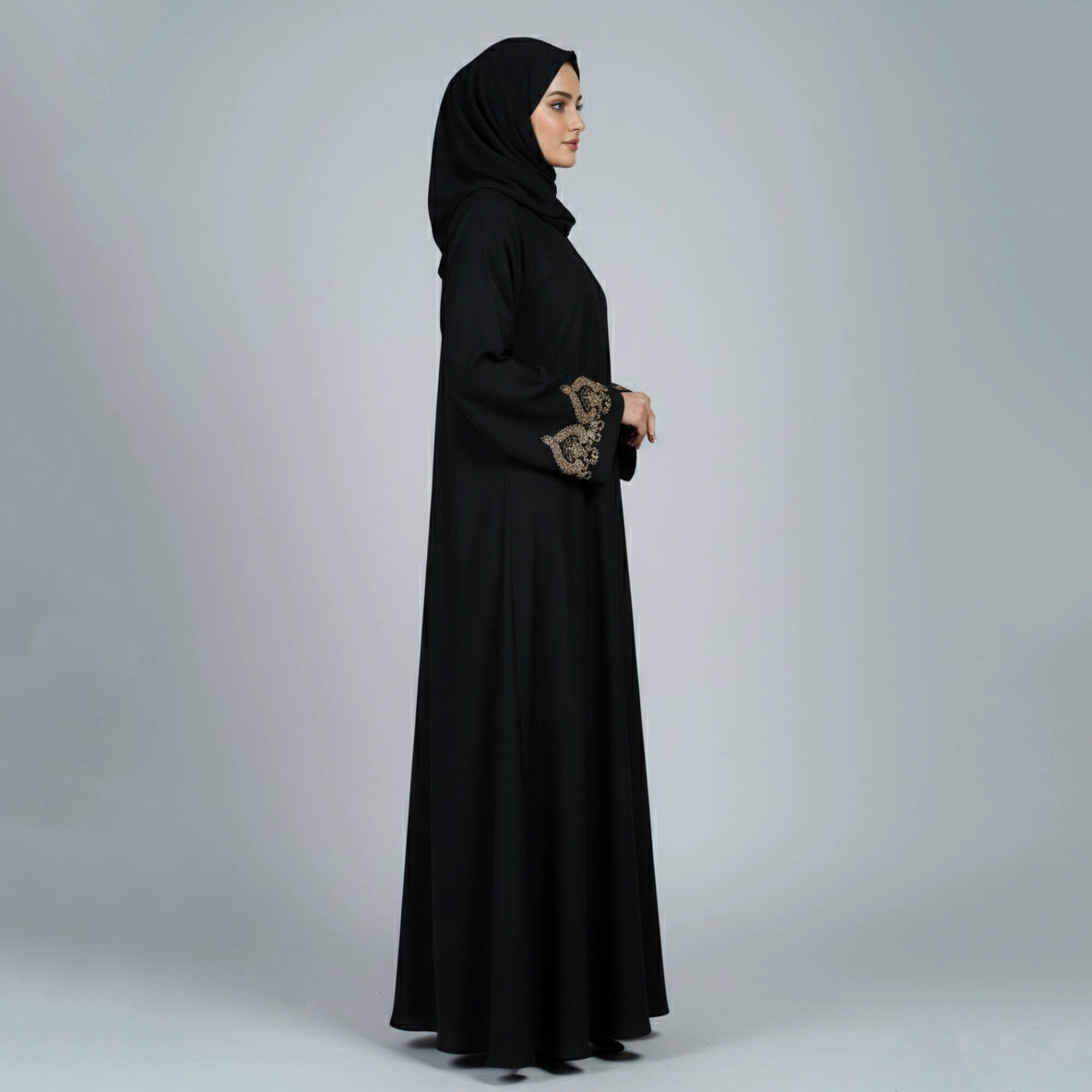 Black Abaya with Gold Embroidered Cuffs