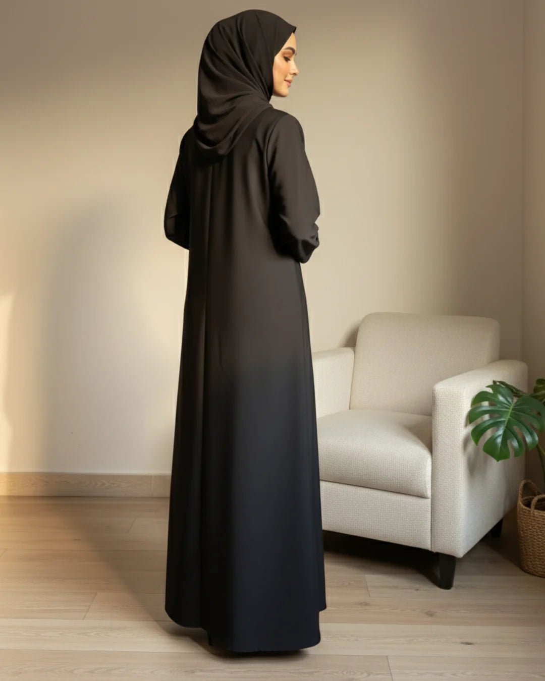 Black V-Neck Open-Front Abaya