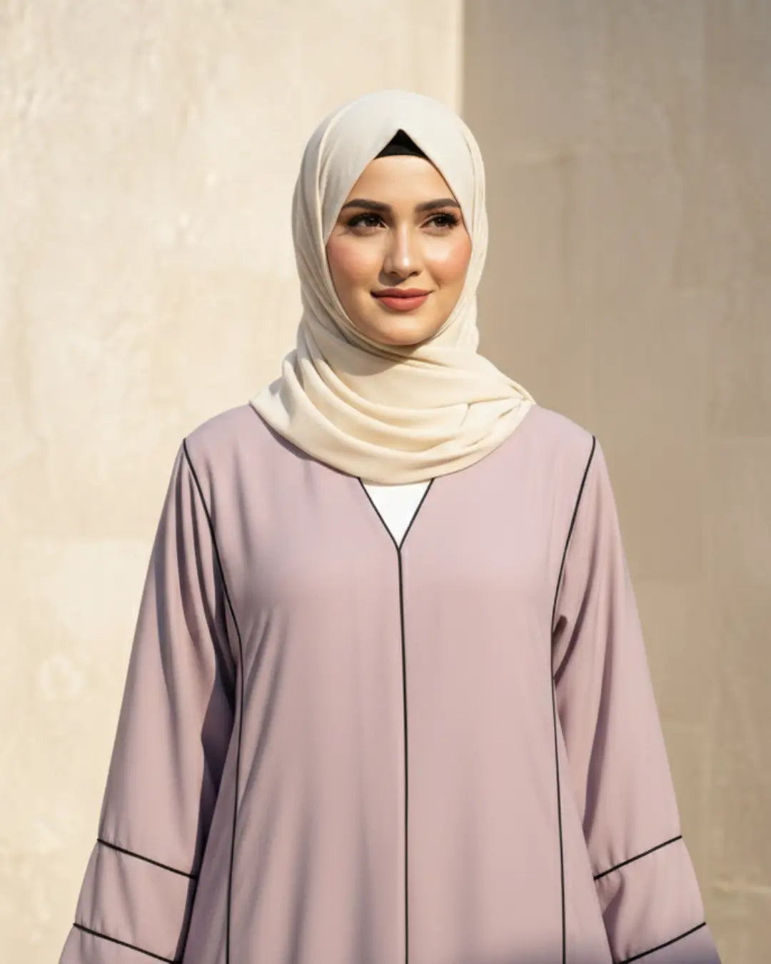 Lilac Contrast Piping Open-Front Abaya