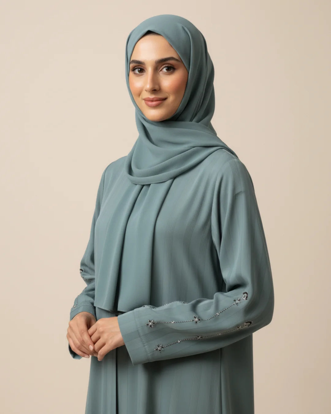 Sage Green Handwork Open Abaya